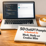 Flat lay of laptop, phone and notepad with headline '50 ChatGPT Prompts to Bookmark' in a bright Australian home office.