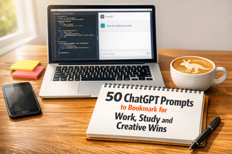 Flat lay of laptop, phone and notepad with headline '50 ChatGPT Prompts to Bookmark' in a bright Australian home office.