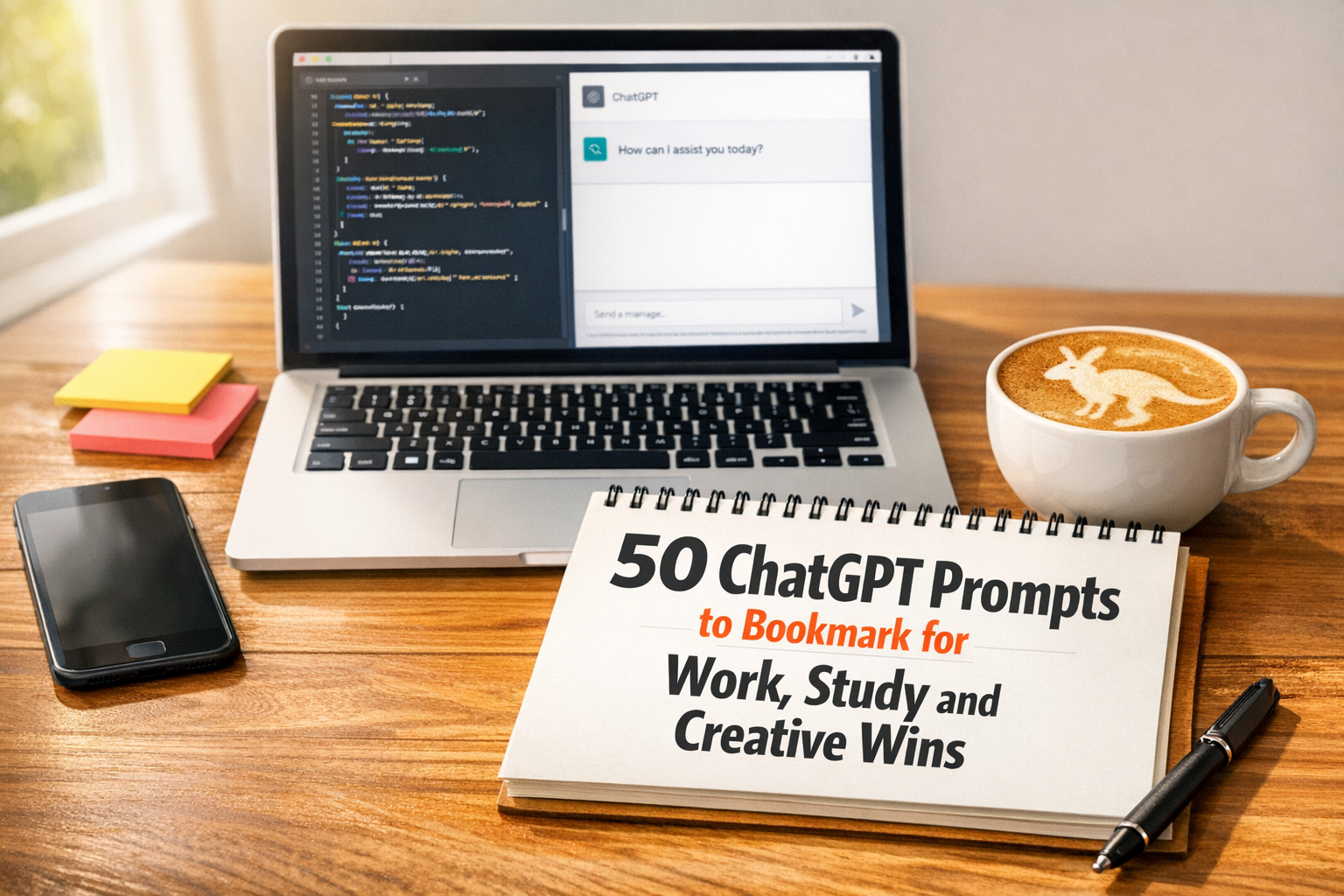 Flat lay of laptop, phone and notepad with headline '50 ChatGPT Prompts to Bookmark' in a bright Australian home office.