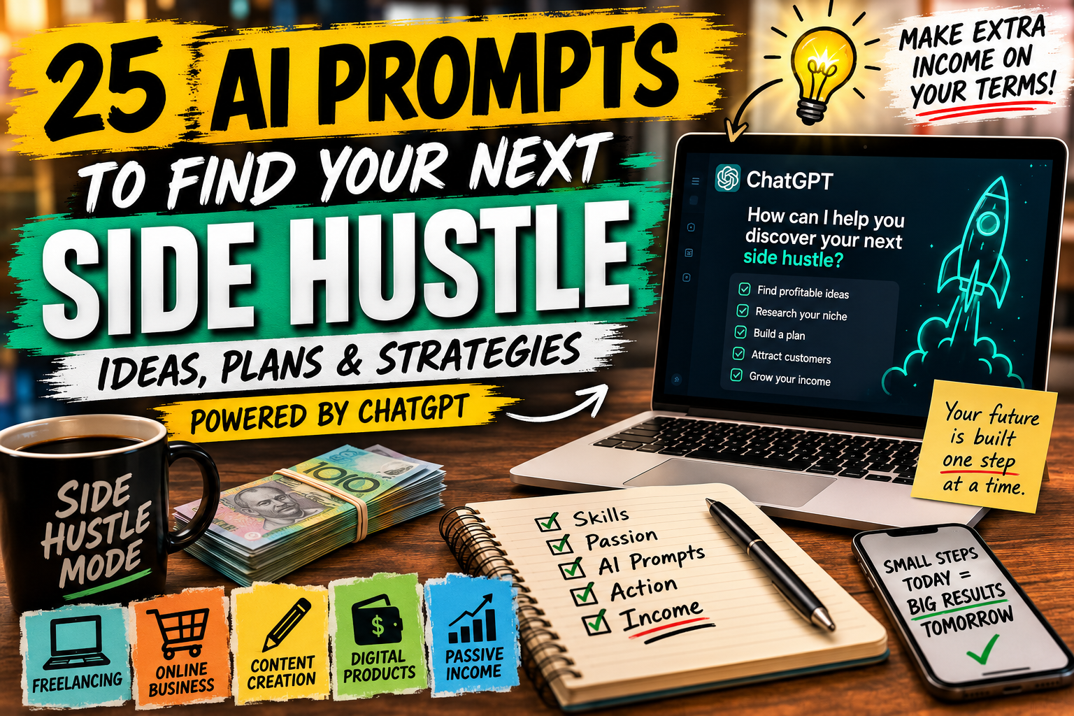 Best AI Side Hustle Prompts (2026) | 25 ChatGPT Prompts to Find Your Next Side Hustle