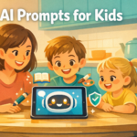 Parent and two children using a tablet with a friendly AI chatbot; icons for learning and safety