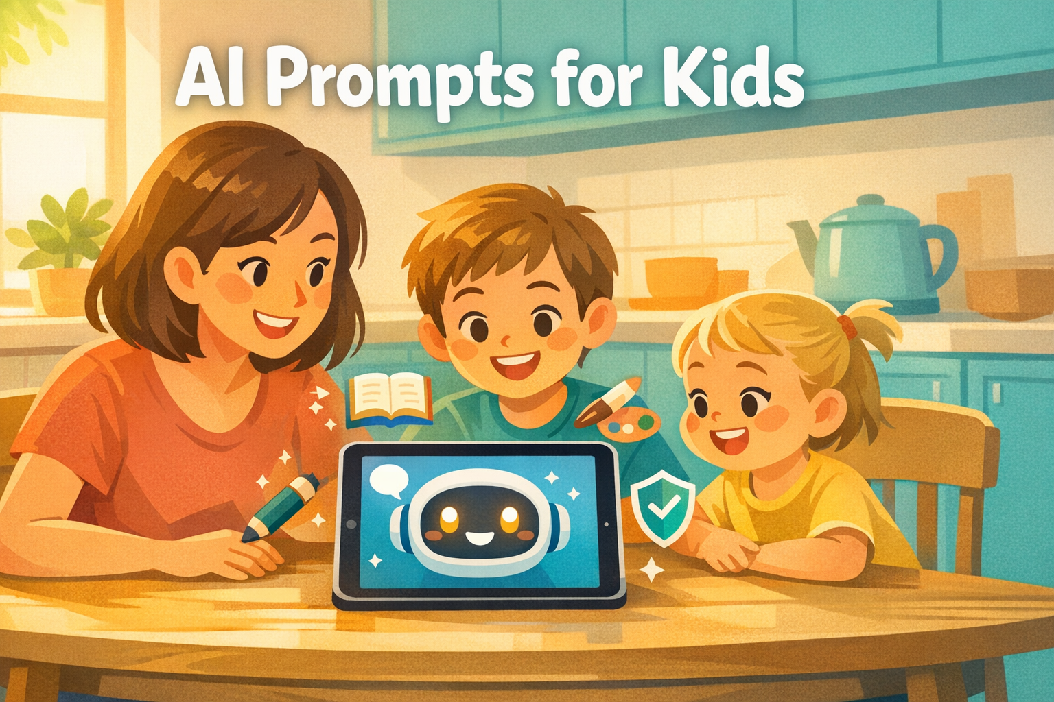 Parent and two children using a tablet with a friendly AI chatbot; icons for learning and safety