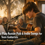 Teenage guitarist playing acoustic in a cosy pub-style cafe with chord sheet on stand and warm lights, headline reads 'Aussie Pub & Indie Songs'