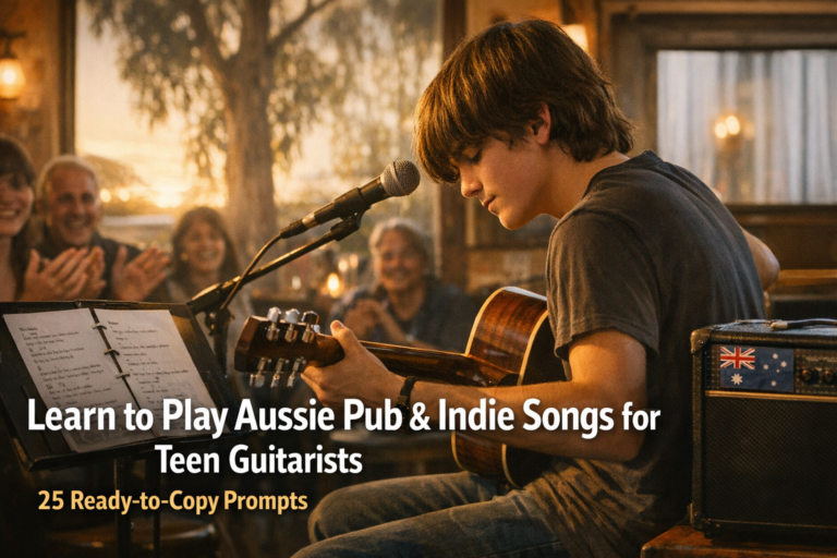 Teenage guitarist playing acoustic in a cosy pub-style cafe with chord sheet on stand and warm lights, headline reads 'Aussie Pub & Indie Songs'