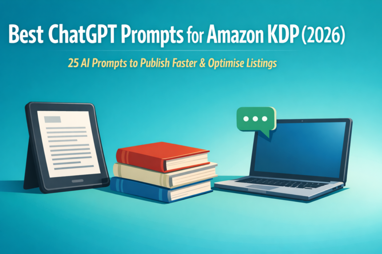 Illustration of e-reader, paperbacks and laptop with headline '25 KDP AI Prompts' on teal gradient background