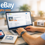 Workspace with laptop showing eBay listing, parcel and notepad reading '25 eBay Prompts (2026)'