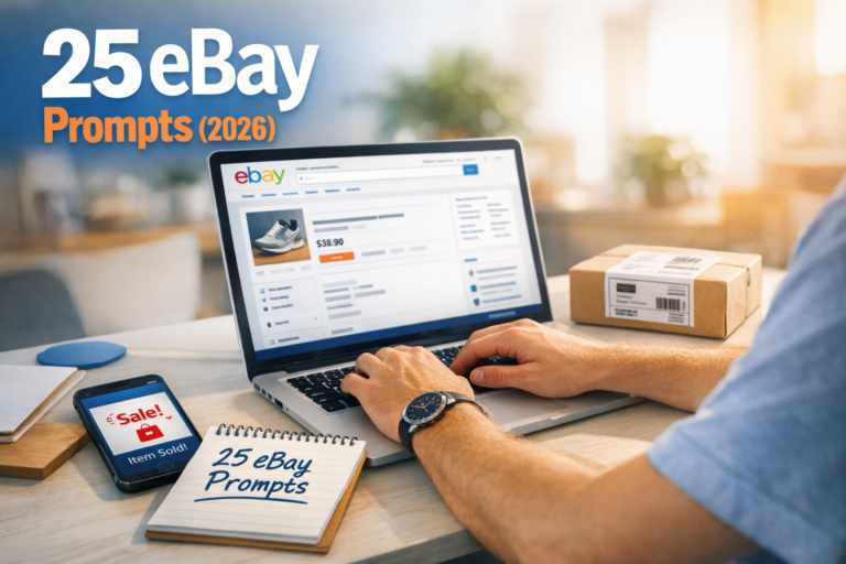 Workspace with laptop showing eBay listing, parcel and notepad reading '25 eBay Prompts (2026)'