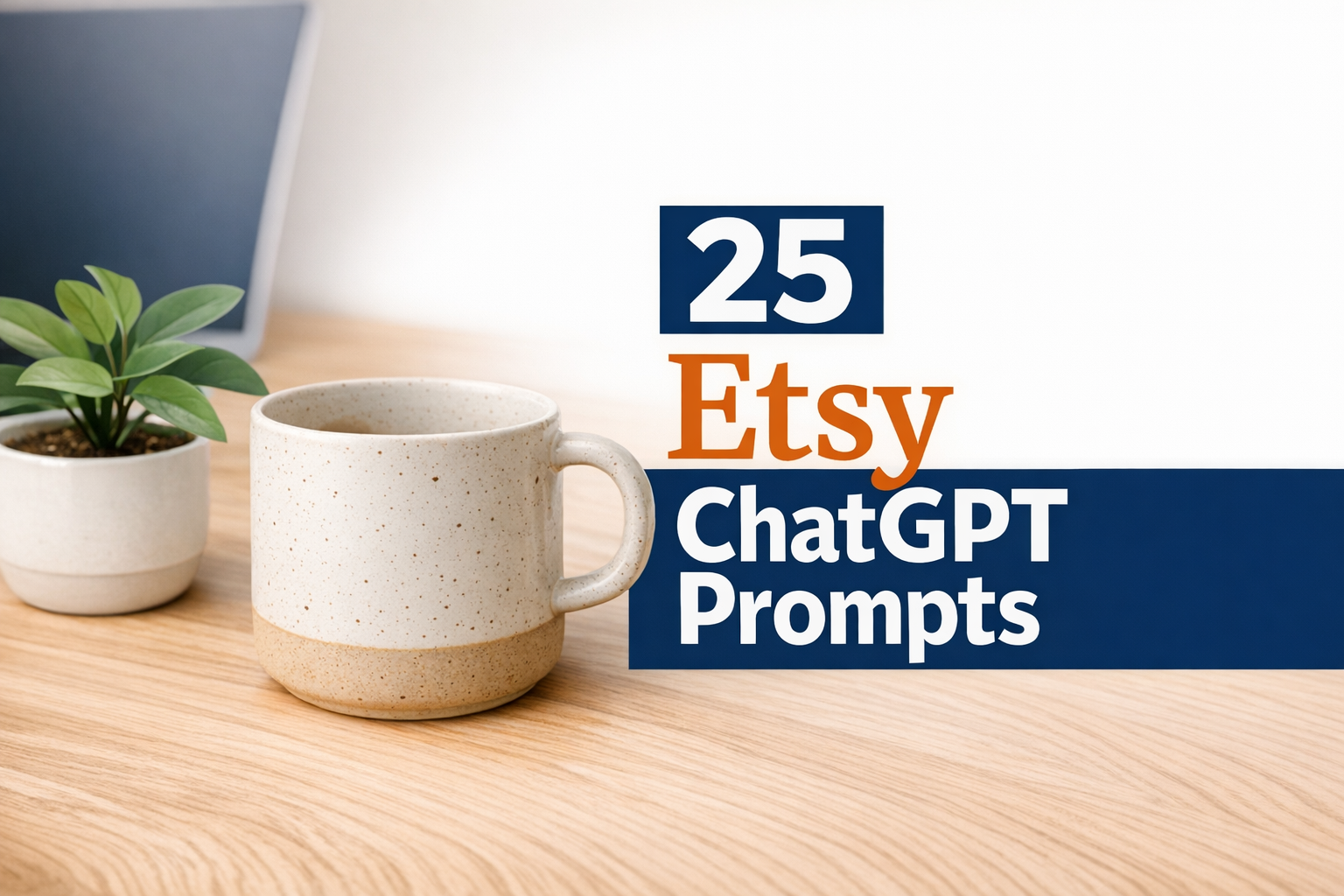 Flat-lay of a ceramic mug, plant and laptop with headline text '25 Etsy ChatGPT Prompts' for an Etsy seller guide