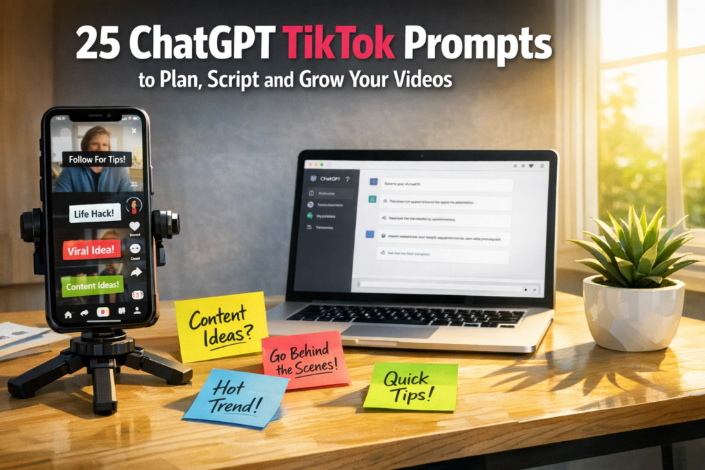 Smartphone on a tripod showing TikTok timeline, laptop with AI prompts, sticky notes with hooks. Headline: ChatGPT TikTok Prompts