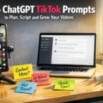 Smartphone on a tripod showing TikTok timeline, laptop with AI prompts, sticky notes with hooks. Headline: ChatGPT TikTok Prompts