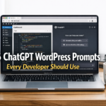 Developer desk with laptop showing WordPress code and ChatGPT window, headline 'ChatGPT WordPress Prompts'