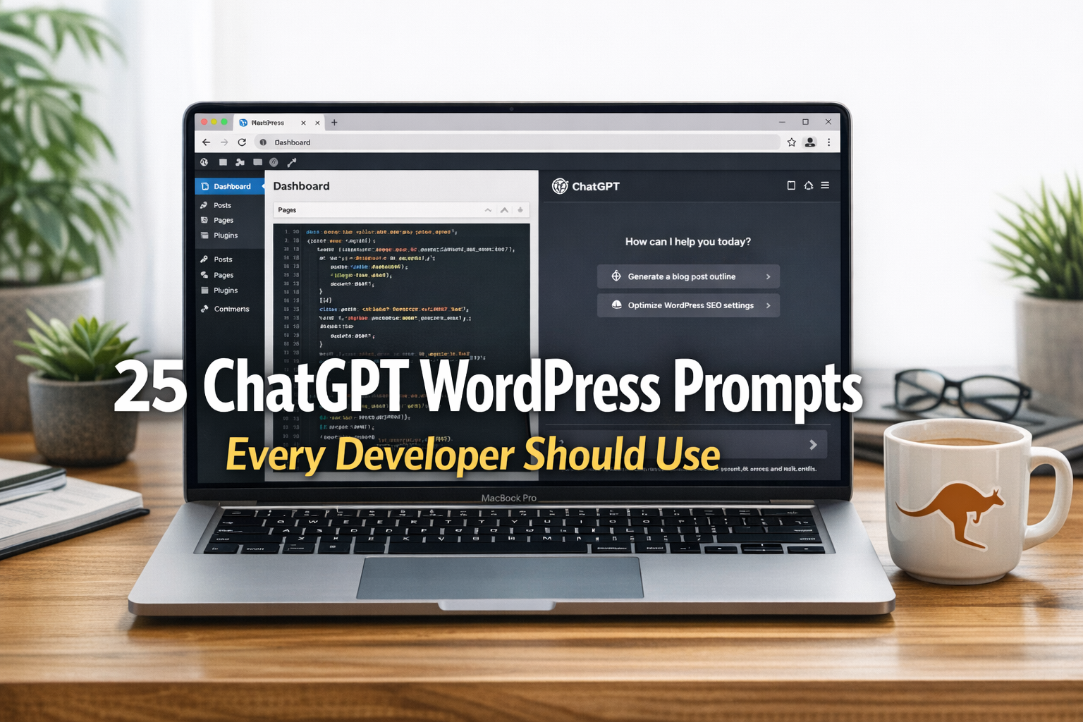 Developer desk with laptop showing WordPress code and ChatGPT window, headline 'ChatGPT WordPress Prompts'