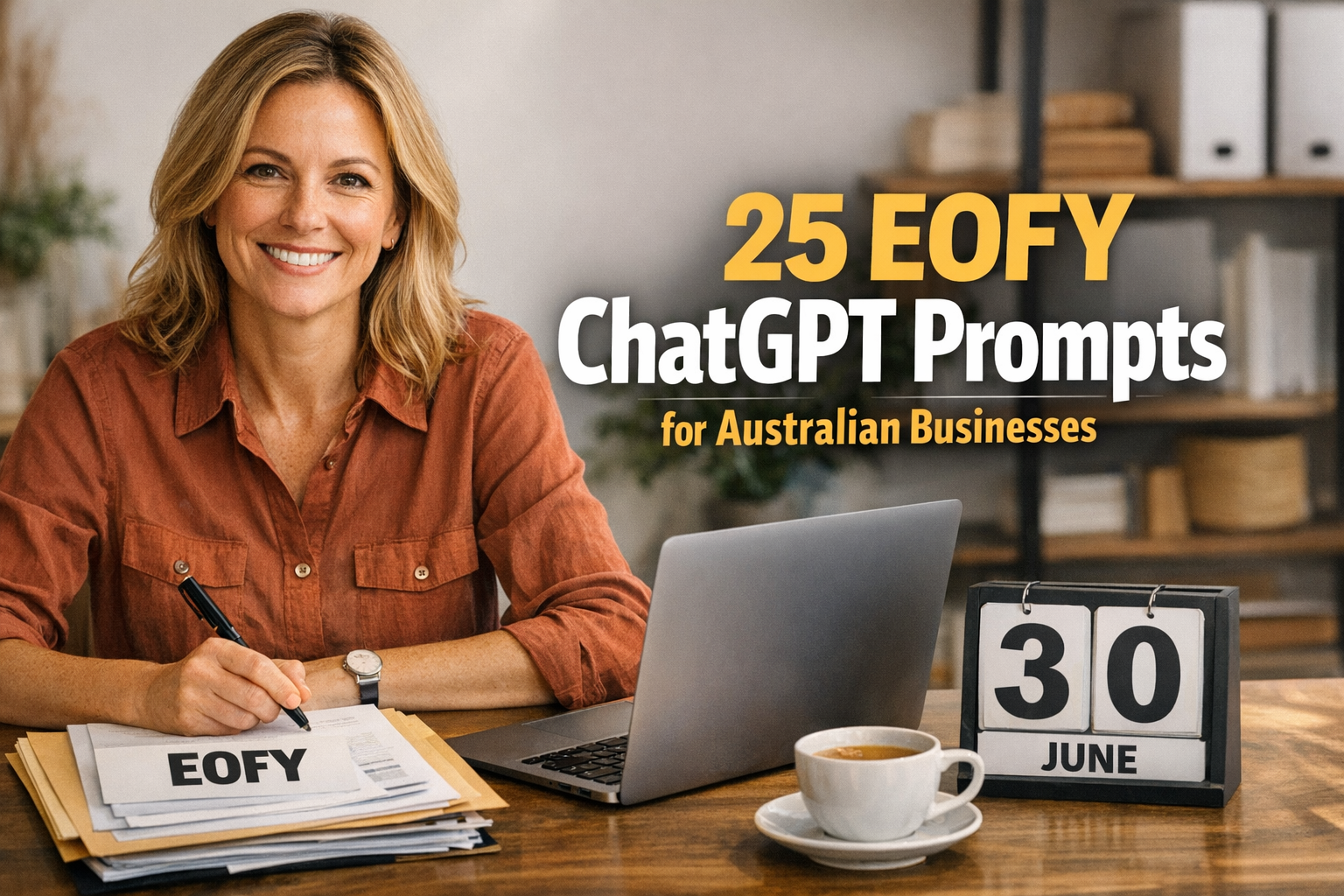 Small business owner at desk with laptop and EOFY paperwork titled 'EOFY Business Prompts'.