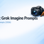 Cover image: Best Grok Imagine Prompts 25 AI prompts (2026) — abstract blue gradient with camera and paintbrush icons