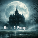 Eerie Victorian manor at night with moon and fog, cover text 'Horror AI Prompts'.