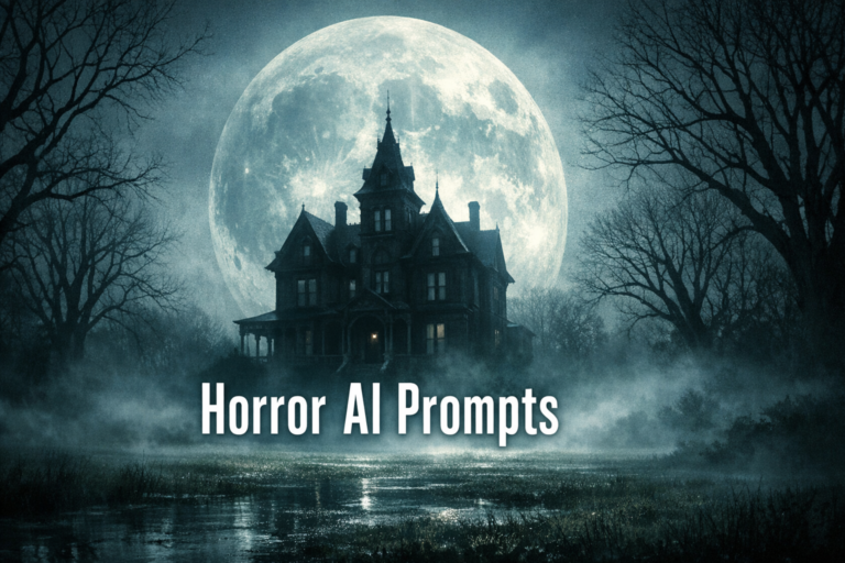 Eerie Victorian manor at night with moon and fog, cover text 'Horror AI Prompts'.